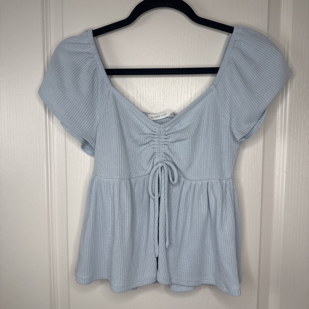 Altard State Womens M Light Blue Ribbed Babydoll Peplum Top Ruched Tie Coquette